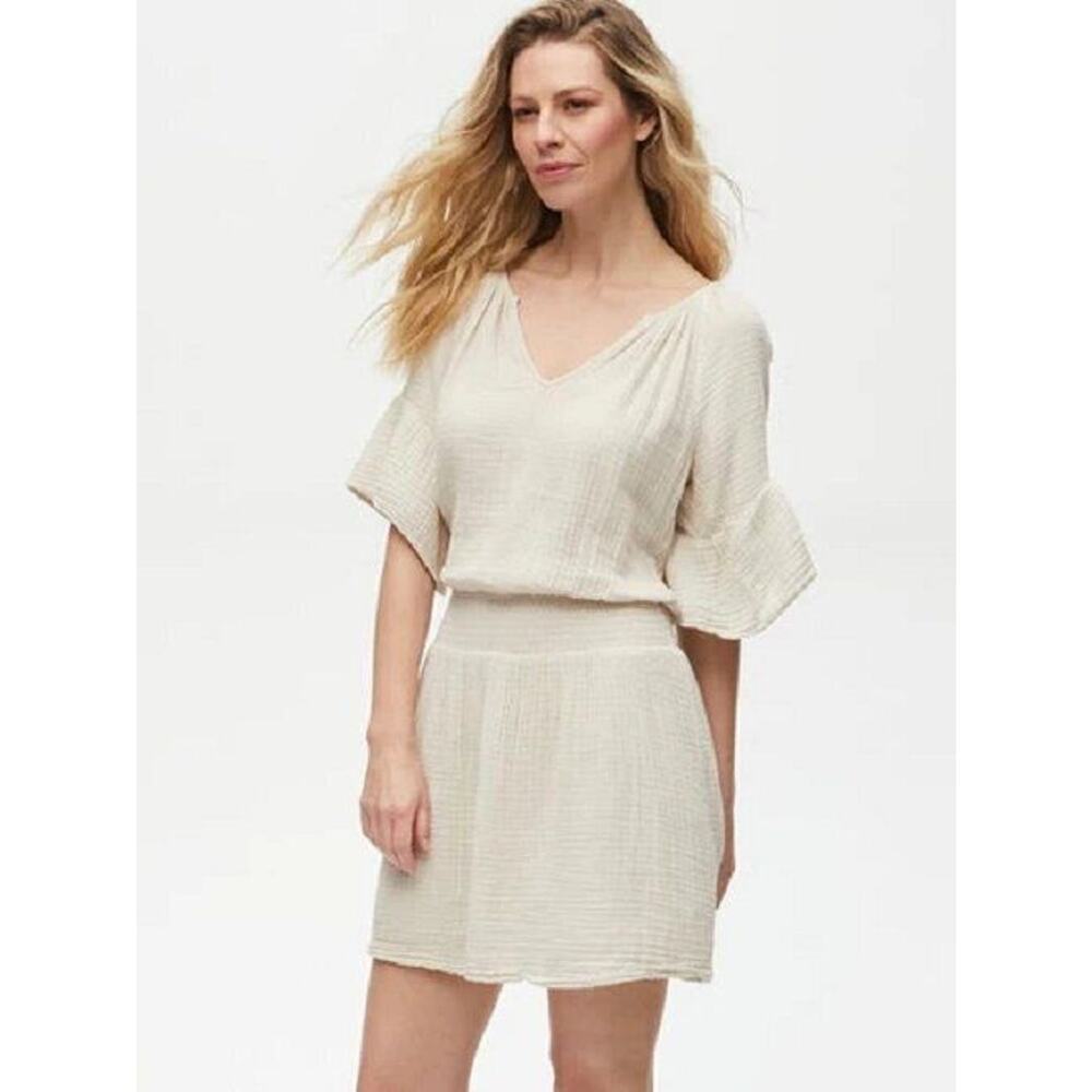 Michael Stars Ecru Cotton Gauze Katelyn Smocked Blouson Dress S NEW